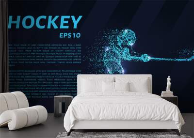 A hockey game consists of points. Particles in the form of a hockey player on a dark background. Vector illustration. Graphic concept of hockey Wall mural