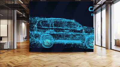 Car of blue glowing dots. The car side view consists of particles. Wall mural