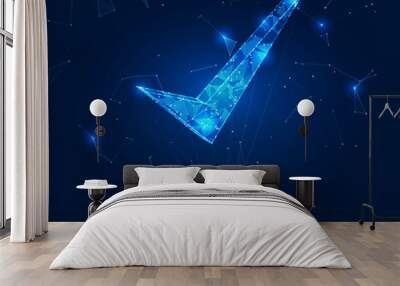 The hologram is a tick. A checkmark of polygons, triangles of points and lines. Check mark icon low-poly connection structure. Technology concept vector. Wall mural