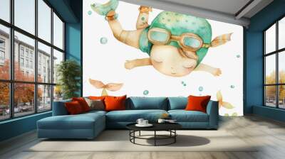 A cartoonish drawing of a boy in a green swim cap and goggles swimming with a fish. The fish are swimming around him and there are other fish in the background. Watercolor painting style. Wall mural