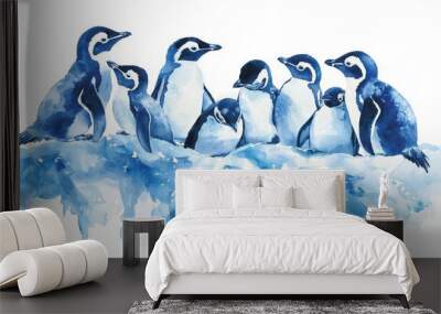 A charming watercolor illustration of a group of playful penguins on an icy surface, capturing their vibrant personalities. Wall mural