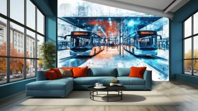 A vibrant watercolor illustration of a bus station featuring two modern buses and a lively urban atmosphere. Wall mural