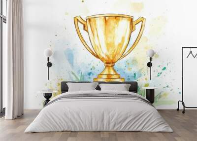 A vibrant watercolor illustration of a golden trophy set against a colorful splash background, symbolizing achievement and victory. Wall mural