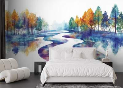 A vibrant watercolor scene of a winding river surrounded by colorful trees, reflecting nature's beauty in stunning detail. Wall mural