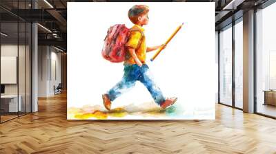 A young boy walks confidently with a backpack and a pencil, embodying the spirit of learning and adventure. Wall mural