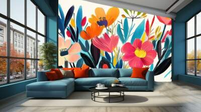 Vibrant floral illustration featuring colorful flowers and lush greenery, perfect for spring-themed designs or decor. Wall mural