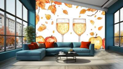 Watercolor illustration of two glasses, apples, and autumn leaves creating a warm, festive atmosphere. Wall mural