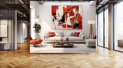 Bask in the artistic elegance of a red wingback chair and a white sofa in a bright room, featuring suprematism style interior design with abstract geometric shapes Wall mural