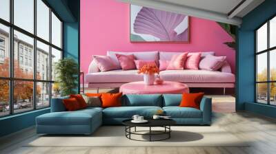 Interior design for the living area with stylish home accessories on a bright pink background introduces a playful and chic element to the overall decor Wall mural