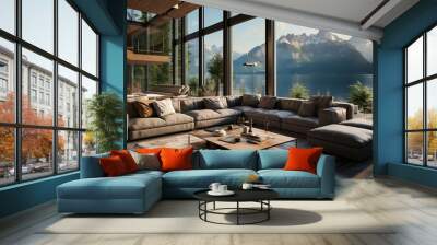 Luxury home interior design of a modern living room in a lakeside house with a cozy beige sofa in a spacious room with a terrace Panoramic open windows offer stunning sea bay, lake and mountain views Wall mural