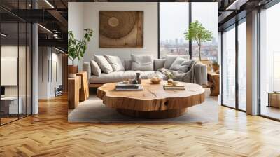 Two wooden live-edge stump coffee tables accompany a corner sofa in a spacious apartment, epitomizing Scandinavian minimalist home interior design in a modern living room Wall mural