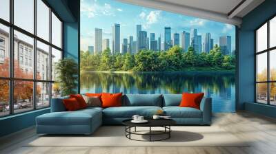 A serene island cityscape reflecting in calm waters, showcasing modern architecture amidst lush greenery and a blue sky. Wall mural