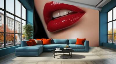 Close-up of luscious red lips, showcasing glossy lipstick and a flawless complexion, perfect for beauty and cosmetic themes. Wall mural