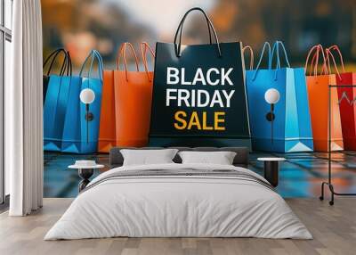 Colorful shopping bags highlighting a Black Friday sale. Wall mural