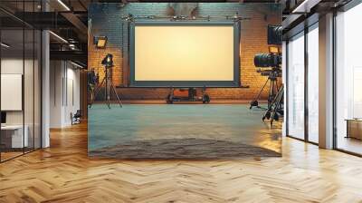 Creative studio with modern film equipment, showcasing a blank screen and vibrant decor for artistic video production. Wall mural