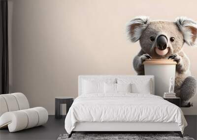 Cute Cartoon Koala Leaning on Blank Coffee Cup with Copy Space Wall mural