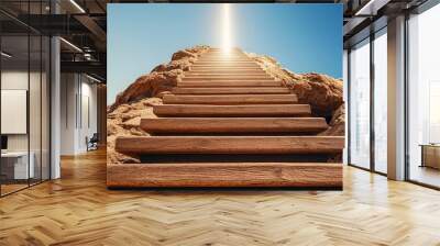 Steep winding staircase leading upward over a deep dramatic valley  Beams of ethereal light guide the way symbolizing the path to achievement success and personal growth Wall mural