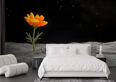 Vibrant Marigold Blooming Amidst the Dark Void of an Asteroid s Barren Landscape Wall mural