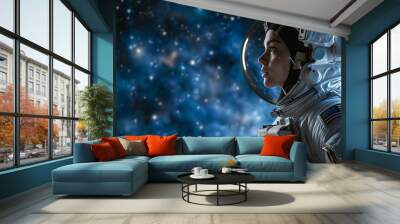 A focused female astronaut contemplates the vastness of the cosmos, encapsulated in her space suit against a starry backdrop.
 Wall mural