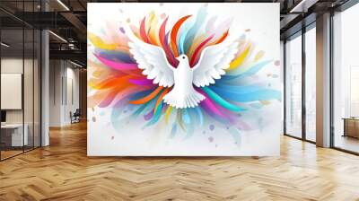 A striking illustration of a dove in flight, its wings a burst of colorful feathers, representing peace and harmony.
 Wall mural