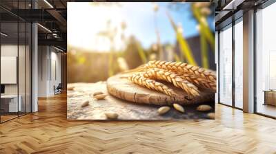 Close-up of Golden Wheat Ears on Wooden Surface with Sunlight in the Background, Symbolizing Agriculture and Harvest Wall mural