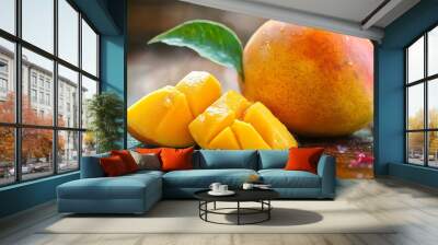 Fresh Ripe Mango with Sliced Pieces and Green Leaf on Wooden Surface with Water Droplets Wall mural