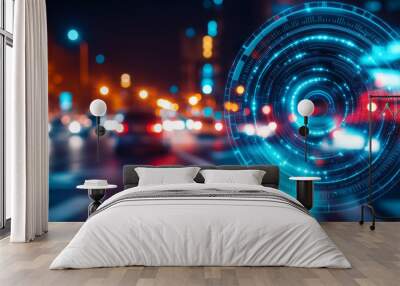 Futuristic Digital Interface Overlay on Blurred Urban Night Traffic Background Wall mural