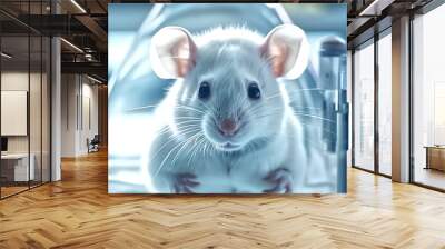 Laboratory mouse close-up with a scientific researcher in the background. Biomedical research and testing concept. Design for educational material, science poster Wall mural