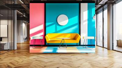 Vibrant Modern Living Room with Colorful Furniture and Geometric Wall Panels in Sunlit Interior Wall mural