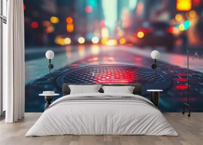 Vibrant Urban Street Scene with Blurred City Lights and Focus on Manhole Cover at Night Wall mural