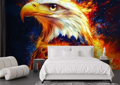 A bold eagle American patriot T-shirt featuring dynamic fire flames, symbolizing freedom and bravery. Perfect for expressing pride and unity in a stylish way. Wall mural