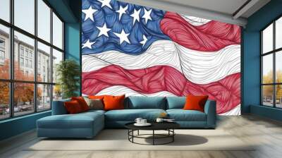 A draw line American flag waves against the wind, showcasing bold red and white stripes with a field of blue filled with symbolic stars, representing unity and strength. Wall mural