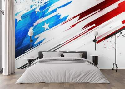 A dynamic abstract design featuring the United States flag, emphasizing bold blue, red, and white colors that evoke a sense of freedom and pride. Wall mural