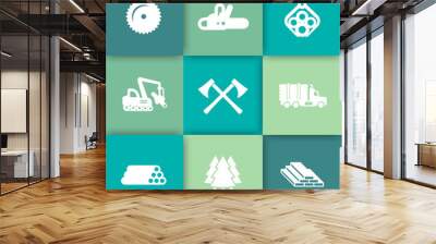 Logging, forestry equipment icons, sawmill, logging truck, tree harvester, timber, wood, lumber, chainsaw icons on squares vector Wall mural