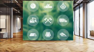 logging, forestry equipment transparent icons, sawmill, logging truck, tree harvester, timber, wood, Wall mural