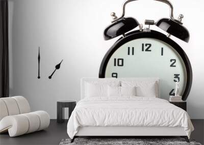 Iconic alarm clock and clock hands isolated on white Wall mural