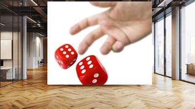 Male hand rolling red dice isolated on white background Wall mural