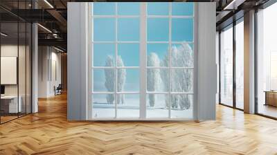 Modern residential window with snow and trees Wall mural