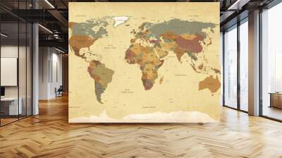 Textured vintage world map - English/US Labels - Vector CMYK Wall mural