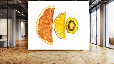 Dried fruit chips on a transparent white background Grapefruit, orange and kiwi. Tropical fruit set for bowls and dessert additions. Wall mural