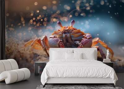 3D Illustration of a Crab on the Beach with Sand and Bokeh Wall mural