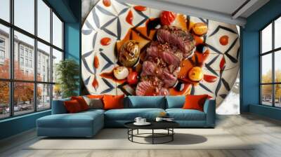 A delicious dinner dish served on a geometric patterned plate Wall mural