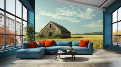 Ancient stone barn amidst vast fields of wheat Wall mural