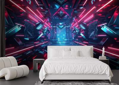 Futuristic geometric illustration with sharp angles and neon lights Wall mural