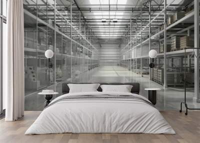 Industrial warehouse with goods stored in transparent containers Wall mural