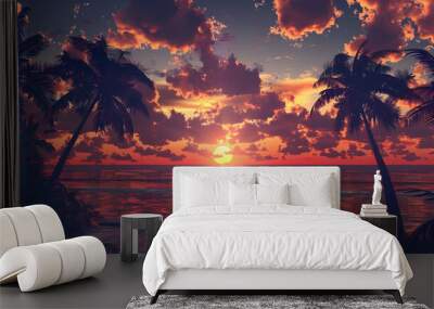 Palm Trees Silhouetted Against a Vibrant Sunset Illustration Wall mural