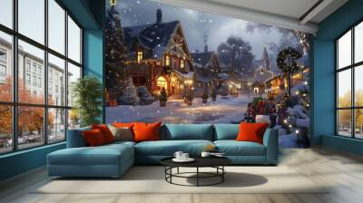 Snowy Christmas Village 3D Illustration Wall mural