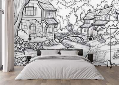 2D black and white cartoon contour illustration of a fantasy landscape featuring a quaint town street houses garden trees and a river designed for an adult and children s coloring book page Wall mural