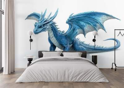 3D illustration of a blue mythical dragon set against a white backdrop Wall mural