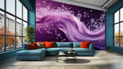 3D rendering of abstract surreal fantasy art featuring an explosive splash in wavy curly shapes with small spheres and bubbles set against a gradient of purple white and pink on black Wall mural